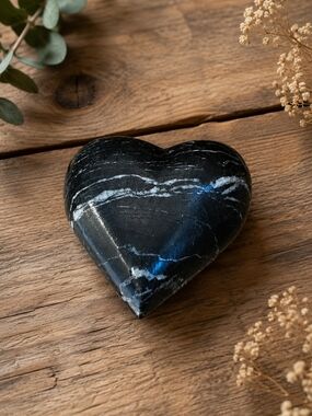 Polished Black Heart Stone with White Veining
